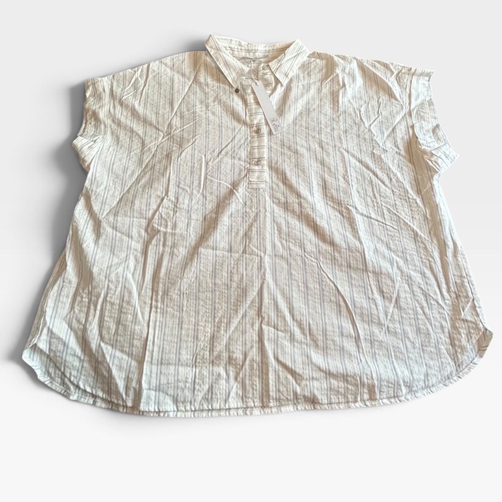 Jane + Delancey Women 2X Striped Henley Top Blue White Short Sleeve Seersucker